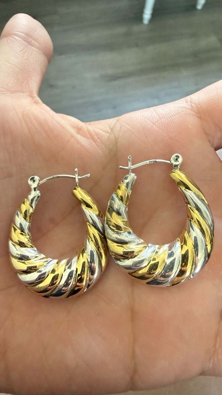 Vintage Two-Tone Sterling Silver 925 Ribbed Hoop Earrings